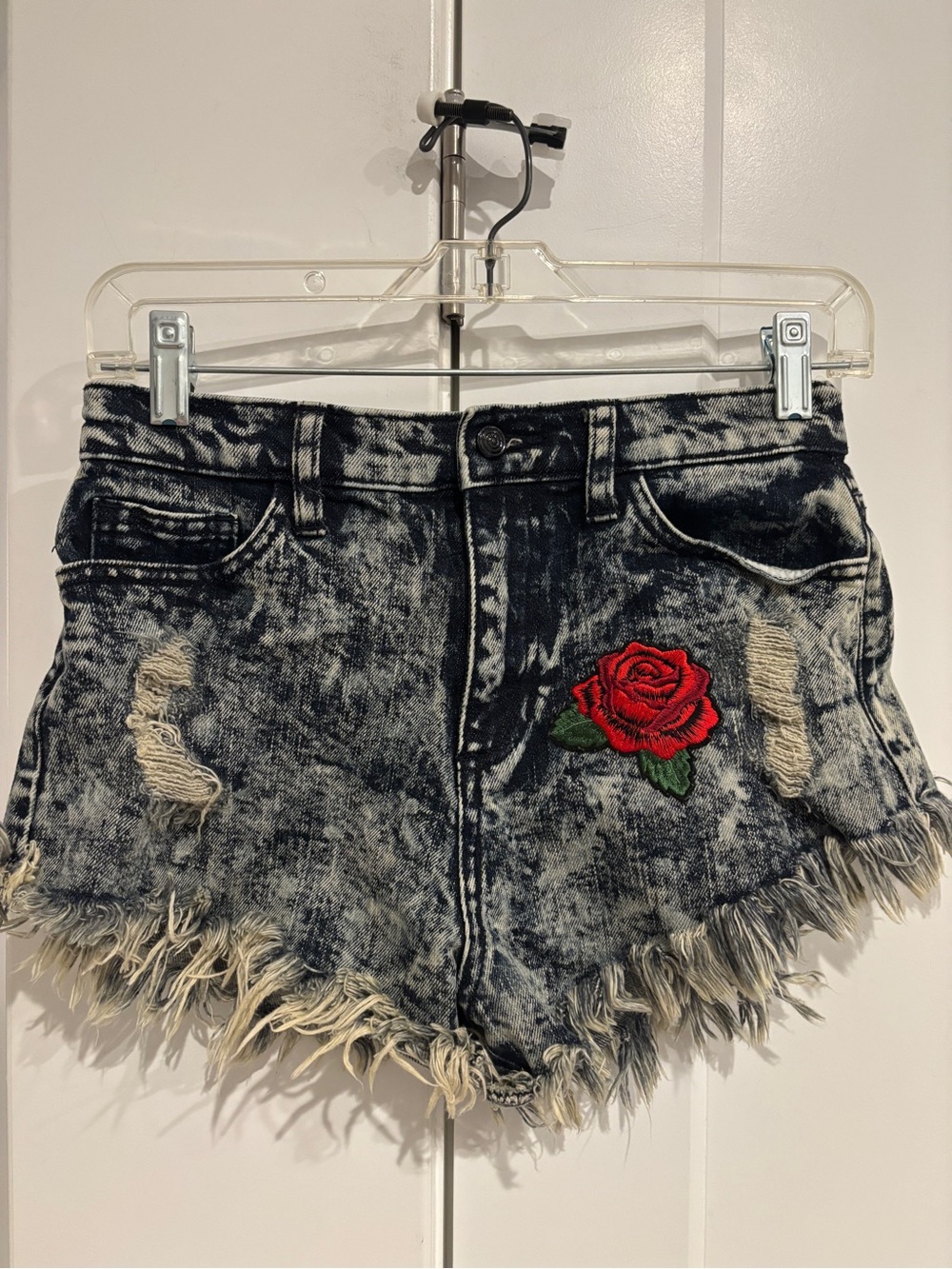 Sneak Peek Black Acid Wash Denim Shorts with Red Rose Patch